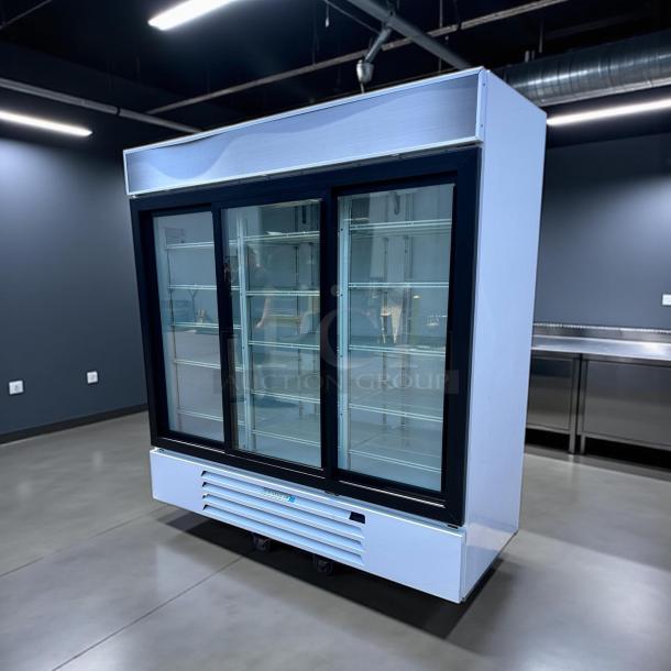 Beverage Air Model MMR66HC-1-W refrigerated merchandiser, 75" white, sliding glass doors, LED lighting, excellent condition.