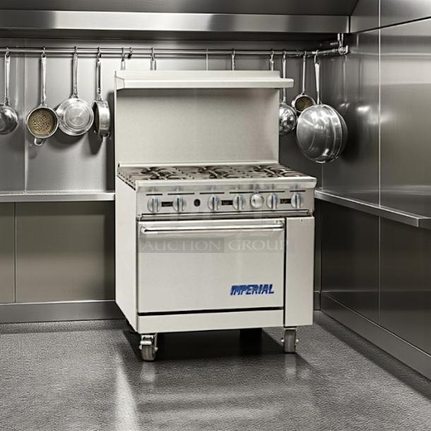 Imperial IR-6NG 36" natural gas range, six burners, 26.5" oven, 227,000 BTU, great condition, "Imperial" logo visible.