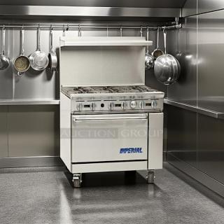 Imperial IR-6NG 36" natural gas range, six burners, 26.5" oven, 227,000 BTU, great condition, "Imperial" logo visible.