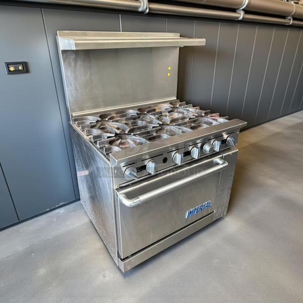 Imperial Range IR-6NG, 36" natural gas 6 burner with 26.5" oven, 227,000 BTU, stainless steel, excellent condition.