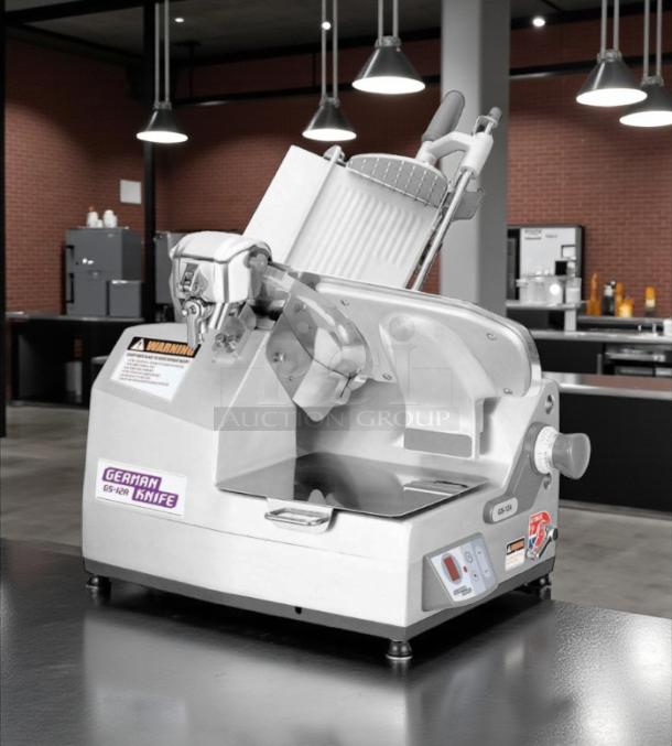 German Knife by Turbo Air GS-12A heavy-duty food slicer, 115v, stainless steel, tested and working, visible brand label.