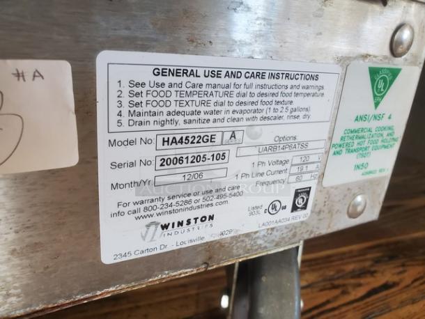 Winston Industries CVAP Holding Cabinet, model HA4522GE, on casters. Features 1 PH, 120V, 19.1A, 60Hz. Serial 20061205-105.