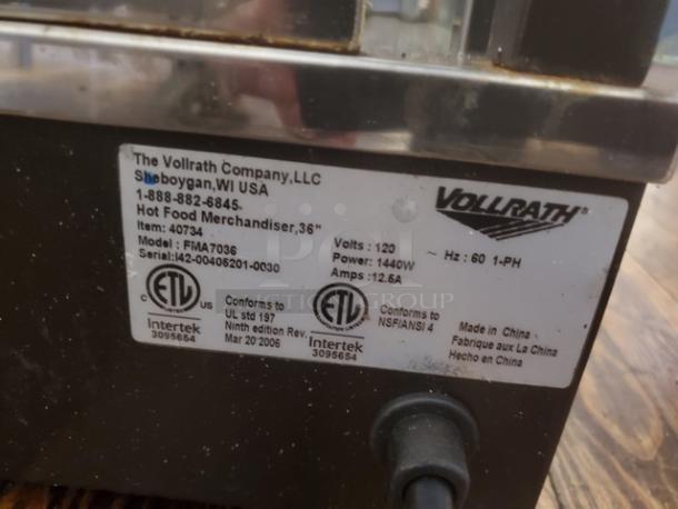 Vollrath FMA7036 Hot Food Cabinet, visible label; 120V, 1440W, 12.5A, 60 Hz, 1 PH, ETL-certified, made in China.