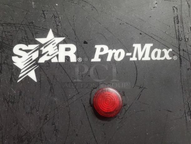 Pro-Max GR14I two-sided grill, 14"x14", smooth surface, missing one handle, Star Pro-Max branding visible.