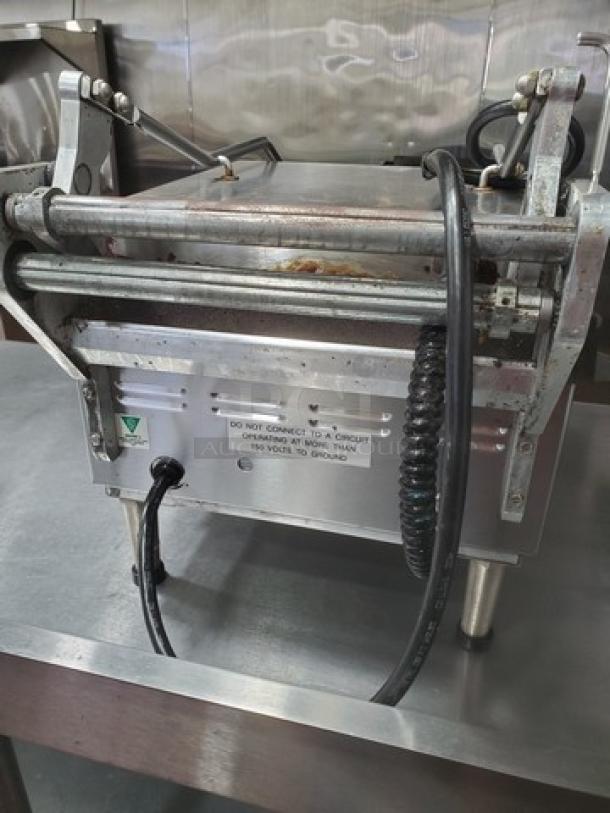 Pro-Max GR14I 14"x14" two-sided smooth grill, missing one handle, stainless steel, used condition with visible wiring.