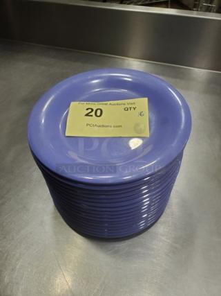 Lot of 16 GET WP-7 plates, 7.5" diameter, blue melamine, stacked. Label shows quantity "20"; slight glare on top plate.