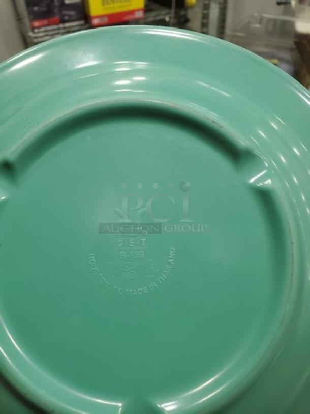 Lot of 12 GET B-139 melamine plates, 9" diameter, green, embossed with brand and model number, made in Thailand, good condition.