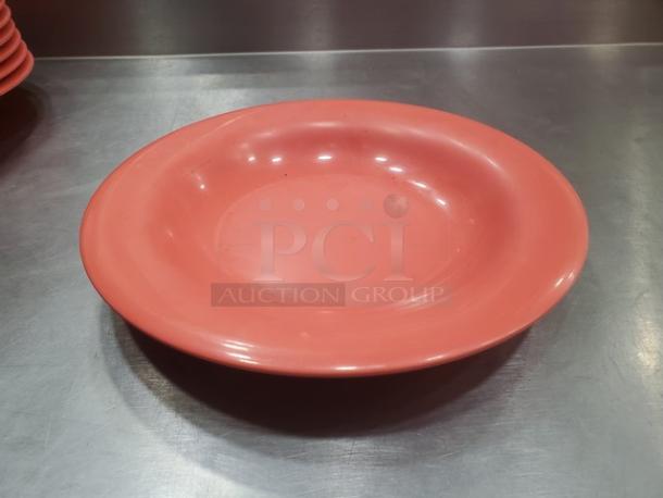 Lot of 10 GET B-139 melamine plates, 9" diameter, coral color, durable, slightly used, ideal for restaurants or cafes.