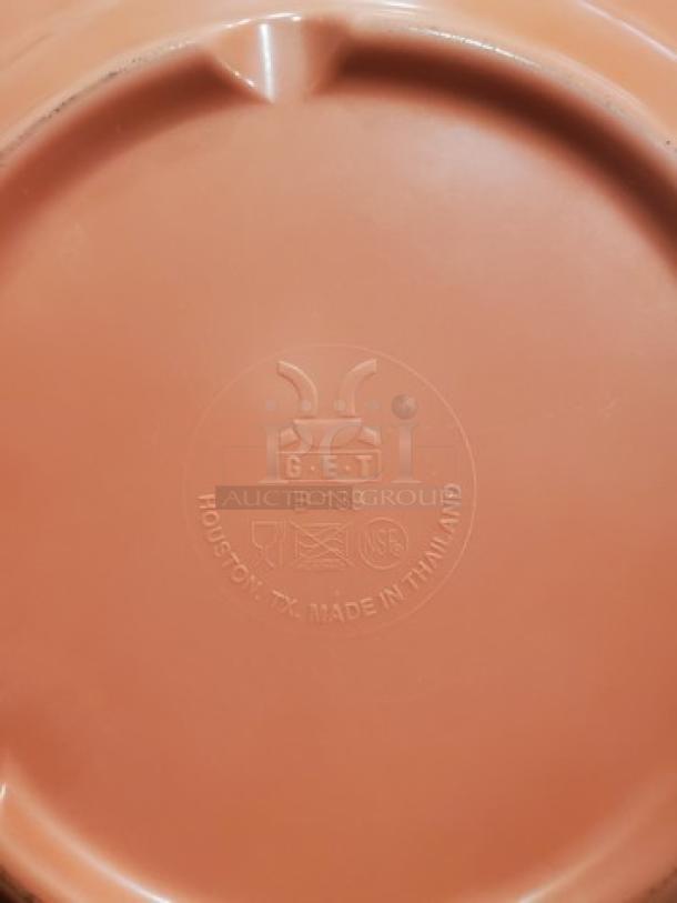 Lot of 10 GET B-139 melamine plates, 9" diameter. Marked with "G.E.T. B-139, Houston, TX, Made in Thailand" stamp.
