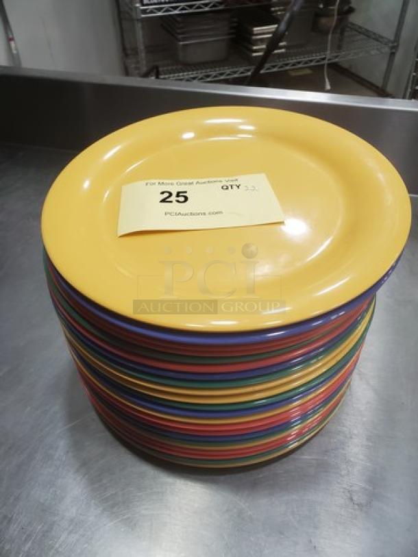 Lot of 22 colorful GET NP-10 melamine plates, 10.5" diameter, excellent condition. Auction lot number 25 visible.