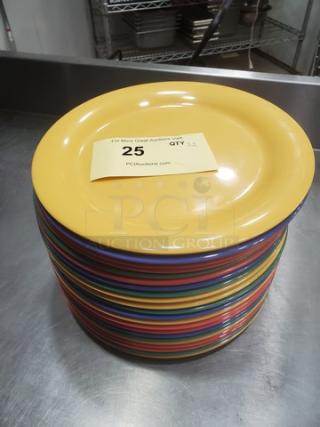 Lot of 22 colorful GET NP-10 melamine plates, 10.5" diameter, excellent condition. Auction lot number 25 visible.
