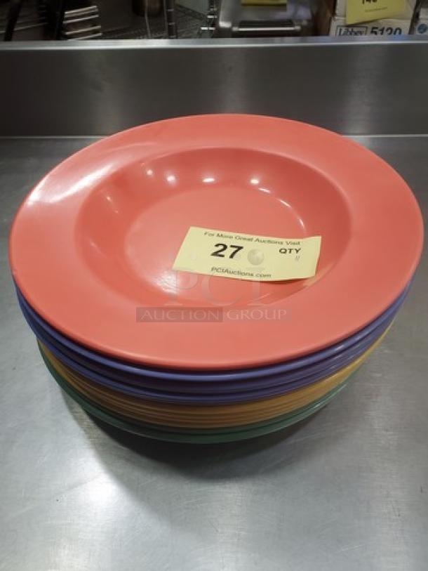 Lot of 11 GET B-1611 11" diameter melamine plates in assorted colors; durable and scratch-resistant, excellent condition.