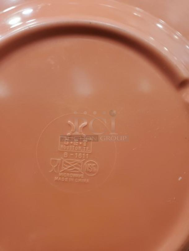 Lot of 11 GET B-1611 melamine plates, 11" diameter. Marked "GET HOUSTON, TX B-1611" and "Microwave Made in China."