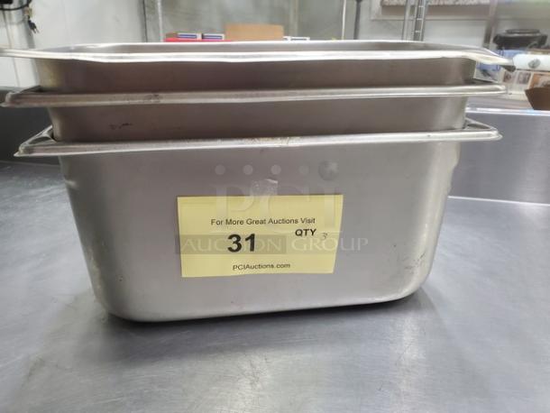 Lot of 3 Vollrath 6.1 Qt food pans, stainless steel, gently used. Auction label indicates item number 31.