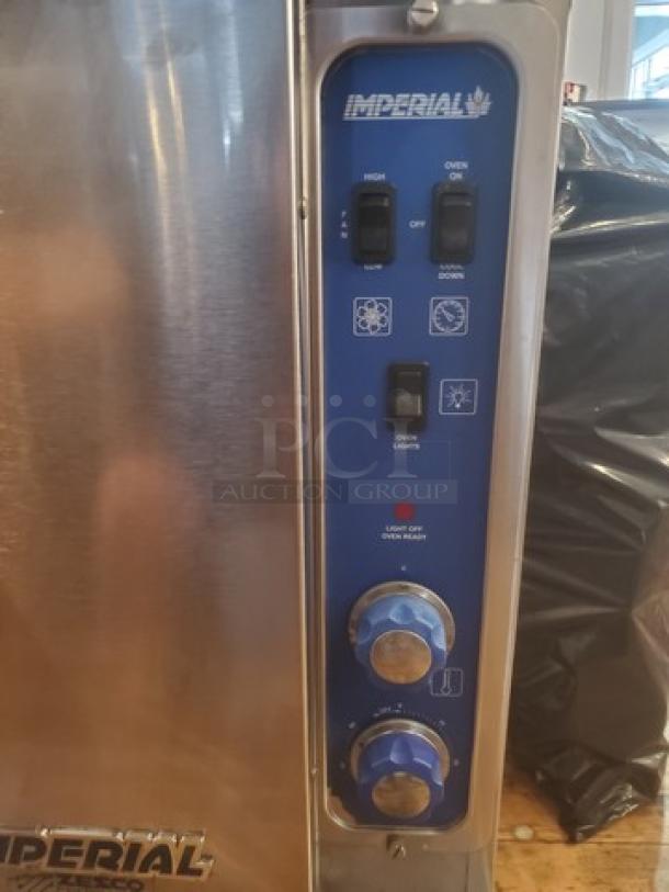 Imperial Natural Gas Convection Oven, stainless steel, control panel with temperature knobs and switches, brand label visible.