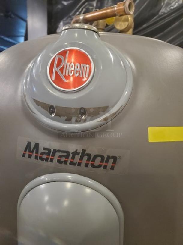 Marathon Heavy Duty 85 Gallon Non-Metallic Tall Electric Water Heater, Model MHD85245, with Rheem and Marathon branding.