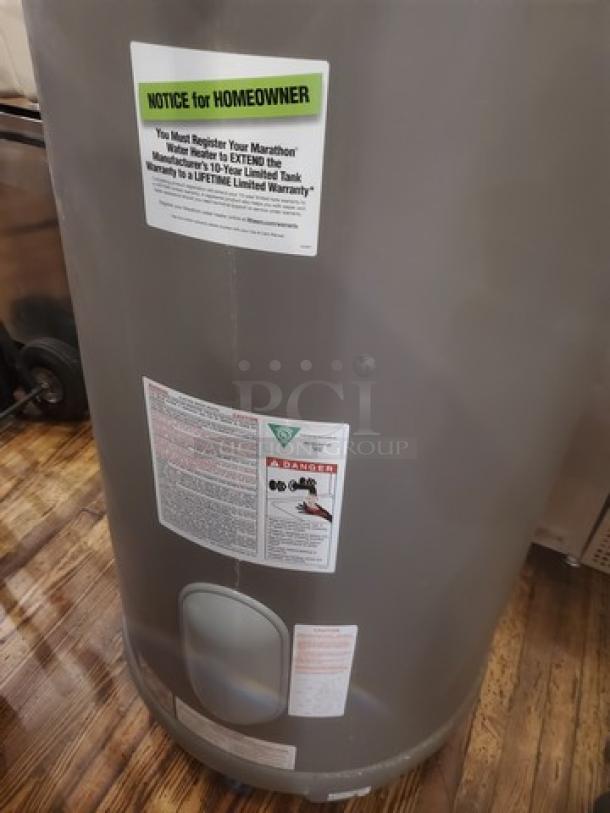 Marathon MHD85245 Heavy Duty 85 Gallon Non-Metallic Electric Water Heater. Labels indicate warranty registration needed.