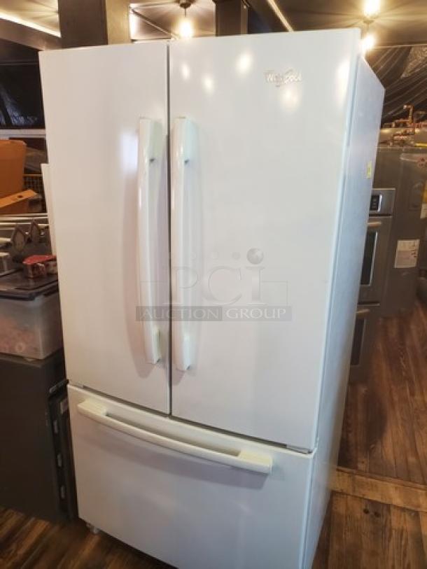 Whirlpool GX5FHTXVQ06 24.8 cu. ft. French Door Refrigerator, white finish, double doors with bottom freezer drawer, excellent condition.