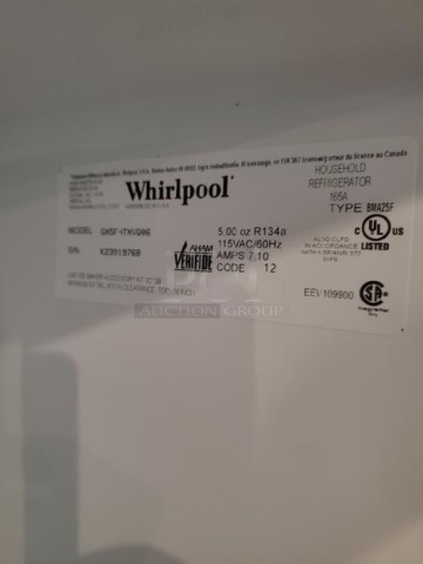 Whirlpool GX5FHTXVQ06 24.8 cu. ft. French Door Refrigerator label, indicating model and power specifications.