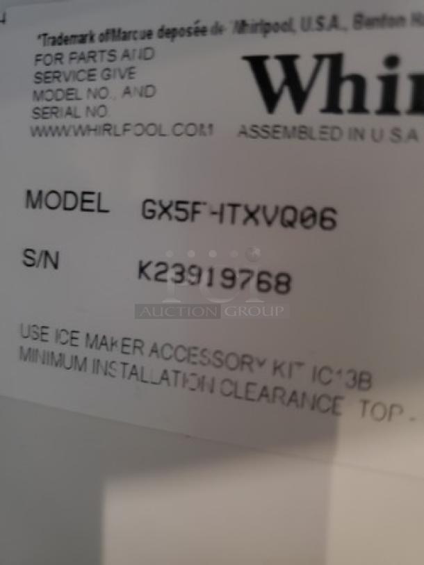Whirlpool GX5FHTXVQ06 refrigerator label showing model and serial number K23919768; includes ice maker info.