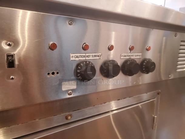 Shelley Steel by Delfield 5 Well Electric Steam Table, stainless steel, missing one knob, needs new plug, caution labels visible.