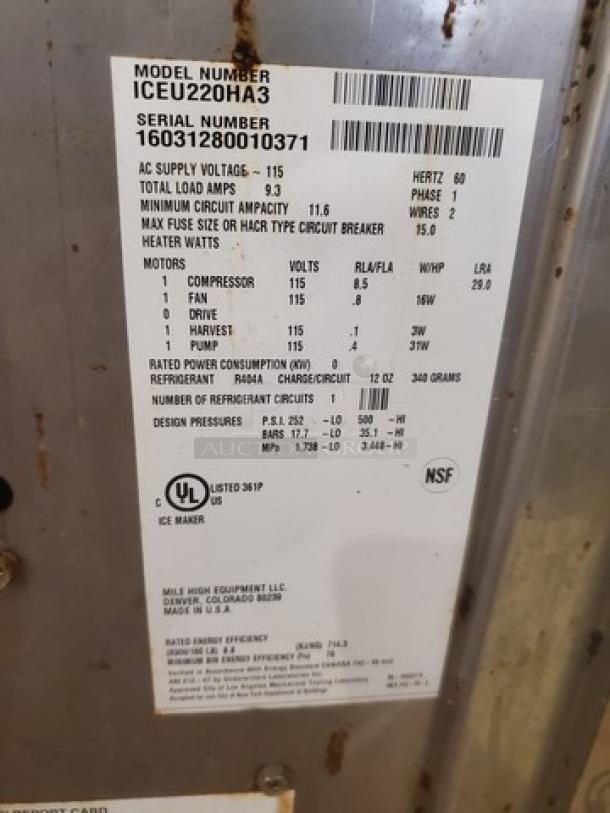 Ice-O-Matic ICEU220HA3 commercial cube undercounter ice maker. Features model and serial numbers, UL and NSF certifications.