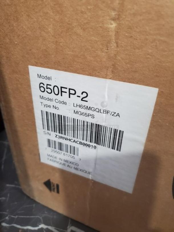 Samsung 650FP-2 65" LCD Display box showing model code LH65MGQLBF/ZA and serial number. Box in good condition.