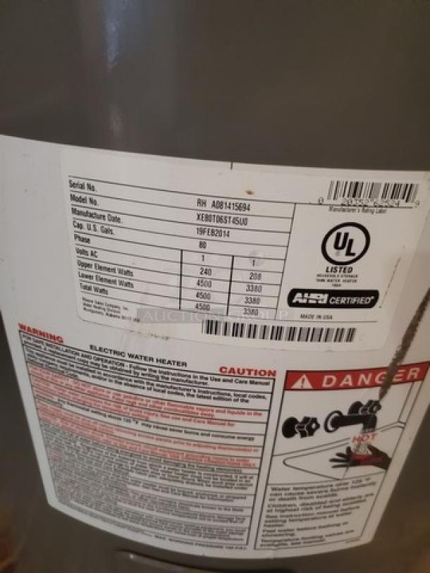 Rheem Performance 80 Gal. Water Heater, Model XE80T06ST45U0, features specification and caution labels visible.