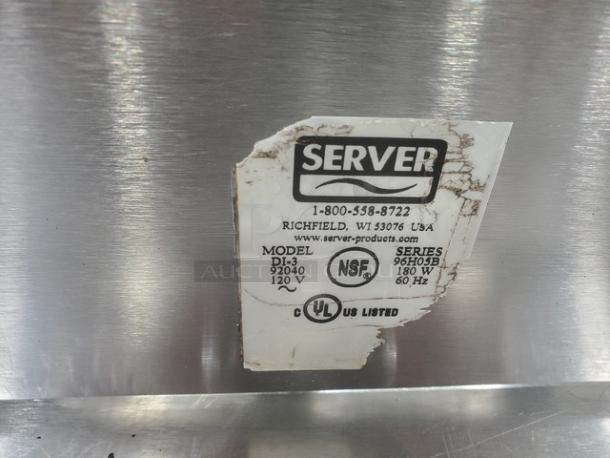 Server DI-3 3 Qt. Triple Cone Dip Warmer with label indicating model DI-3, 92040, 120V, 180W, 60Hz, NSF and UL listed.