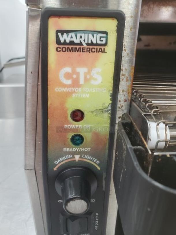 Waring CTS1000 Conveyor Toaster, 120V, 60 Hz, 1800W, stainless finish, visible wear, power and ready lights, adjustable browning control.