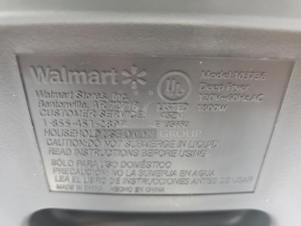 Farberware 103736 countertop fryer label showing model, 120V, 1800W, and household use warnings.
