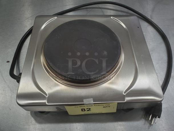 Cadco Hot Plate model KR-S2, stainless steel, single burner, includes power cord, visible auction label indicating item 82.