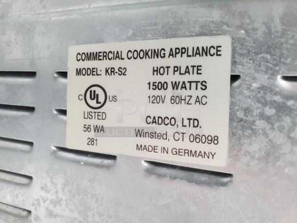 Cadco Hot Plate model KR-S2 label showing 1500 watts, 120V, 60Hz, UL listed, made in Germany.