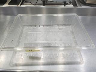 Cambro 1826CLRCW 5" colander pan, clear plastic, rectangular, excellent condition, perforated design for drainage.