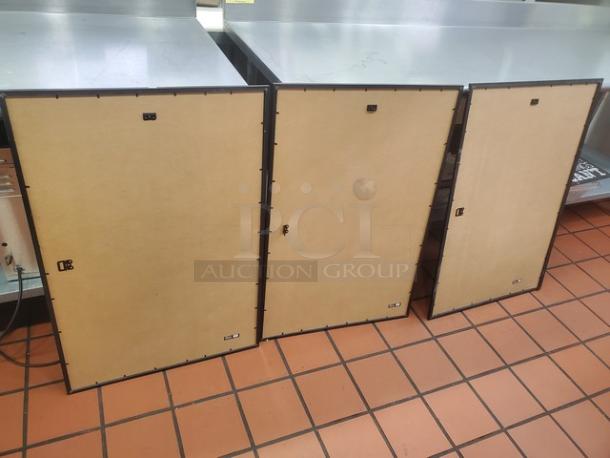 Lot of 3 framed pictures, back view, in good condition. Rectangular frames with secure hanging hardware visible.