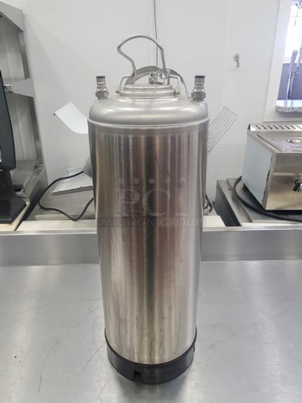 AEB NSF 5 Gal Ball Lock Keg for soft drink pre-mix and post-mix, stainless steel, with dual valve connectors, in good condition.