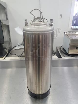 AEB NSF 5 Gal Ball Lock Keg for soft drink pre-mix and post-mix, stainless steel, with dual valve connectors, in good condition.