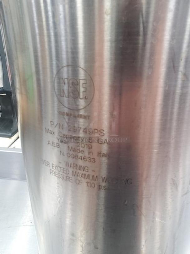 AEB NSF 5 Gal Ball Lock Keg for soft drink pre-mix & post-mix. Made in Italy, 2019. Max capacity 5 gal, 130 PSI warning.