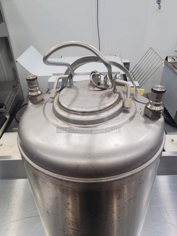 AEB NSF 5 Gal Ball Lock Keg for soft drink pre-mix and post-mix, stainless steel, visible connectors, and secure locking lid.