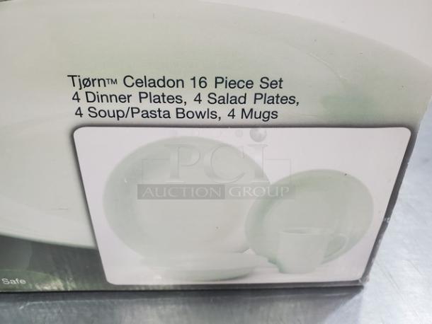 Dansk Tjorn Celadon 16-piece set box; includes 4 dinner plates, 4 salad plates, 4 soup/pasta bowls, 4 mugs; new condition.