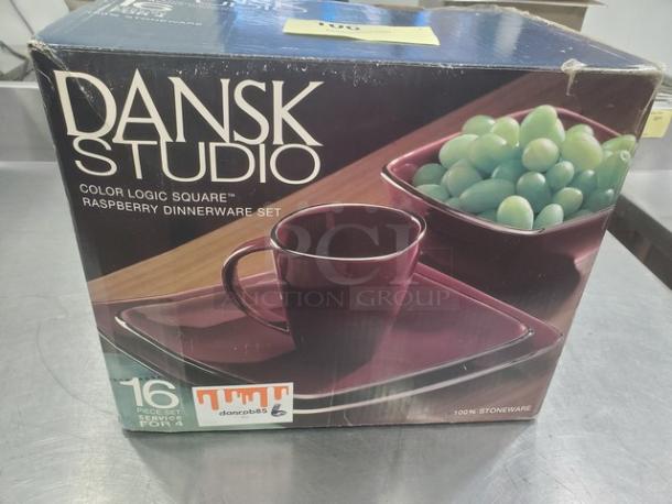 Dansk Studio 16-piece "Color Logic Square" raspberry dinnerware set, 100% stoneware, new in box.