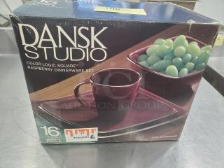 Dansk Studio 16-piece "Color Logic Square" raspberry dinnerware set, 100% stoneware, new in box.