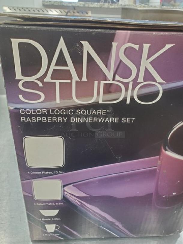 Dansk Studio 16-piece set, Color Logic Square Raspberry Dinnerware, new in box. Contains dinner and salad plates, bowls.