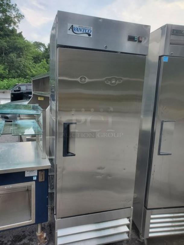 Avantco Solid Door Reach-In Freezer, Model 178A19FHC, stainless steel, shows minor wear.