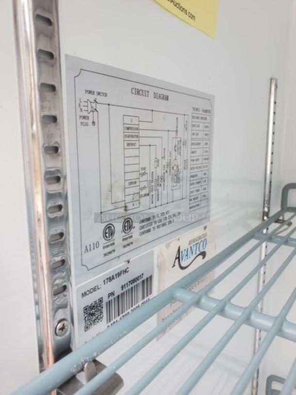 Avantco Solid Door Reach-In Freezer, model 178A19FHC, with visible circuit diagram and model label, in good condition.
