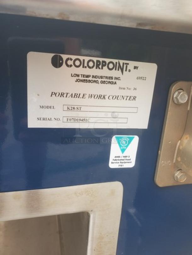 Colorpoint Portable Work Counter, Model K28-ST, Serial F07D1945C, blue finish, metal construction, label with specs.