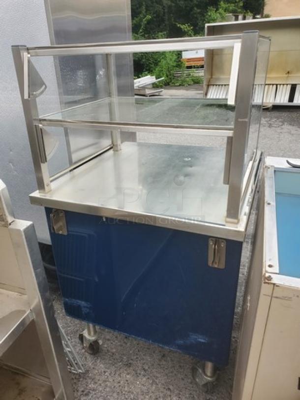Colorpoint K28-ST Portable Work Counter, stainless steel, glass shelving, blue base, on wheels, good condition.