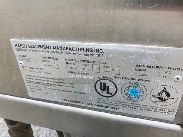 Hardt Inferno Natural Gas Rotisserie Oven label showing model, gas type, manifold pressure, serial number, and safety certifications.