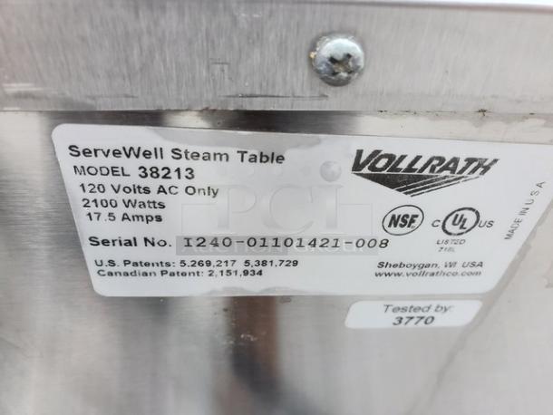 Vollrath 38213 ServeWell Hot Food Table Well label, 120 Volts, 2100 Watts, 17.5 Amps, NSF and UL certified.
