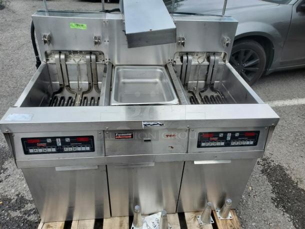 Frymaster Electric Fryer FH22BLCSC, 480V, 60 Hz, 3 PH. Dual fry wells, digital controls, stainless steel, used condition.